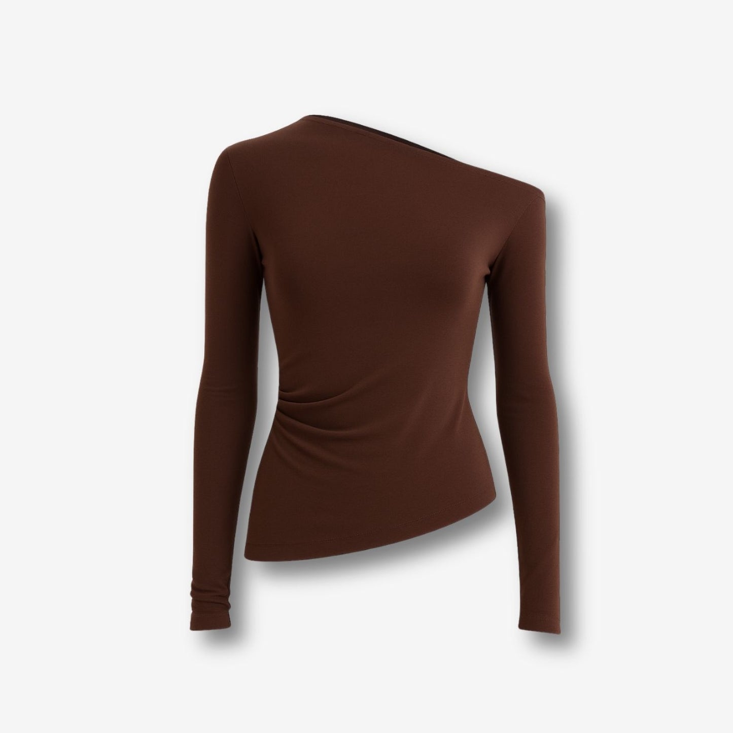 Asymmetric Off-Shoulder Long Sleeve Stretch Lune Top - Brown
