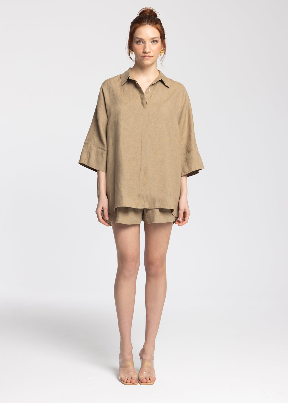 Iyan Dark Beige 100% Linen Oversize Shirt