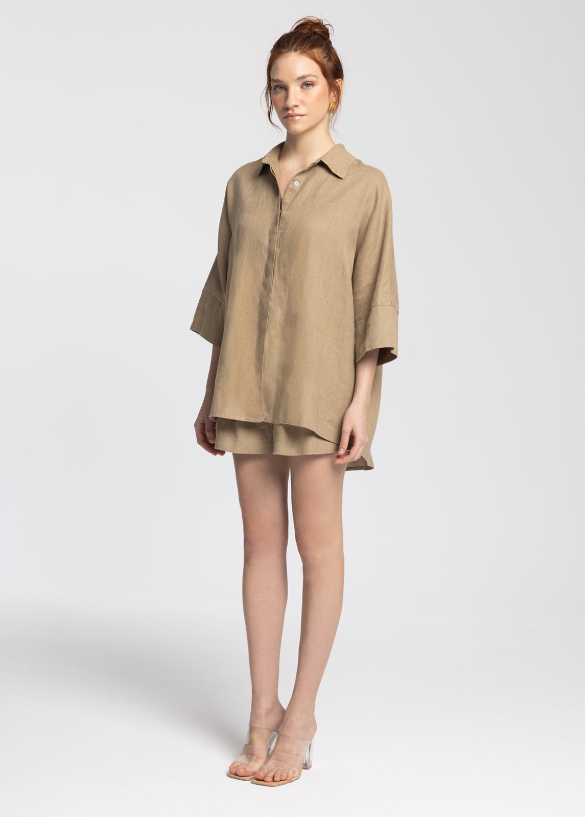 Iyan Dark Beige 100% Linen Oversize Shirt