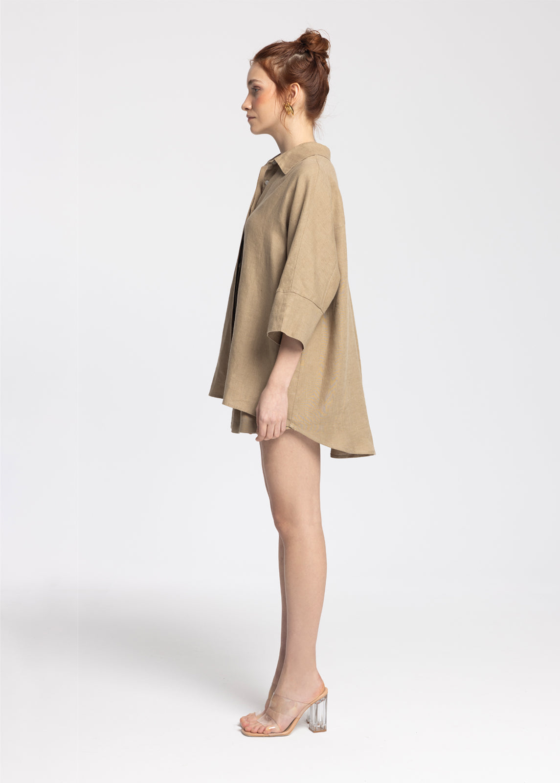 Iyan Dark Beige 100% Linen Oversize Shirt