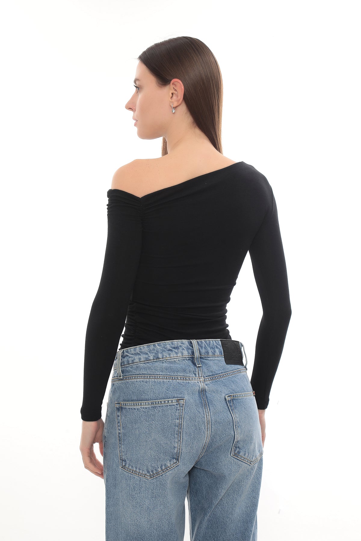 Asymmetric Off-Shoulder Long Sleeve Stretch Lune Top - Black