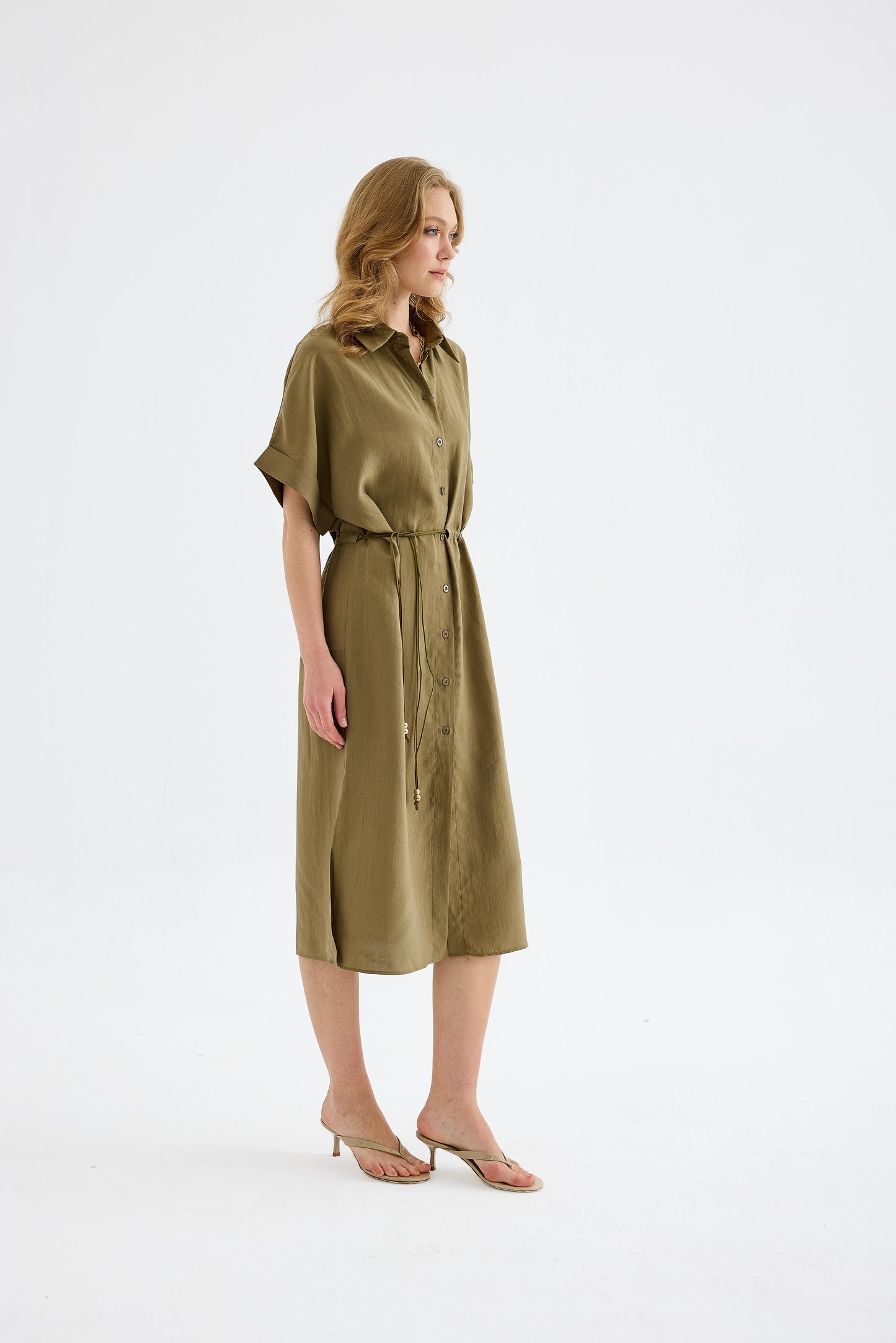 Solenne Cotton Midi Shirt Dress - Khaki