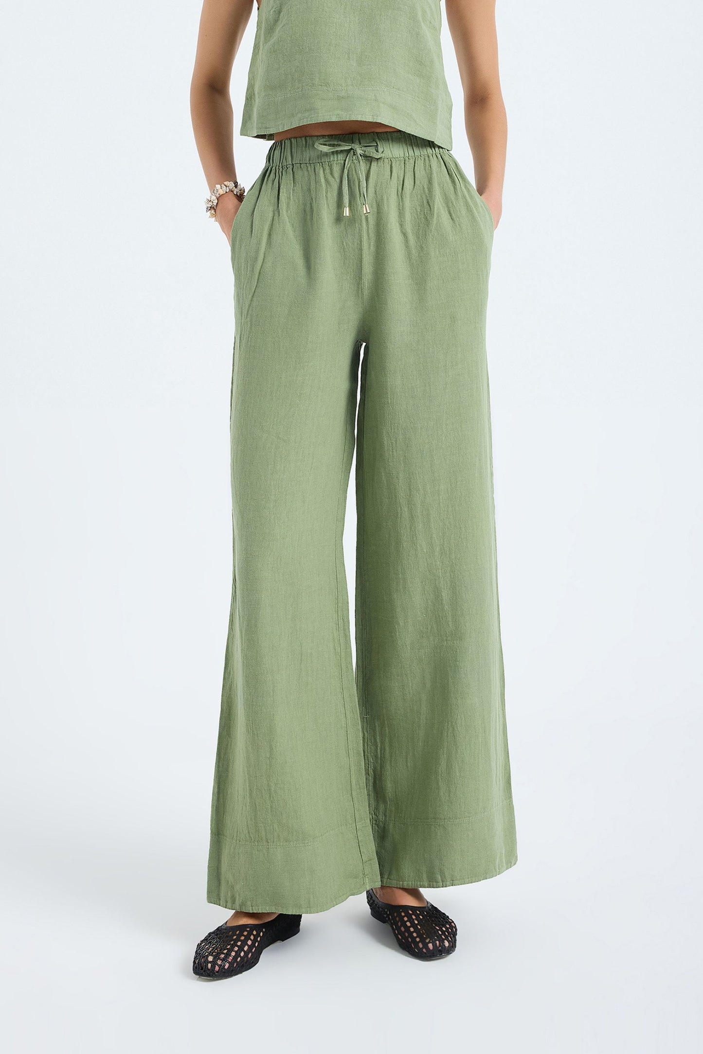 Ciel 100% Linen Wide-Leg Pants - Green