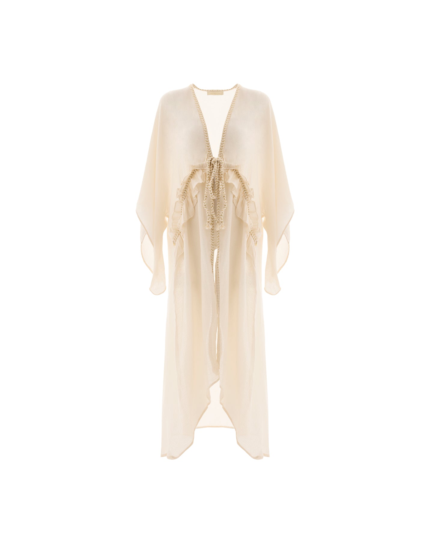 Leora 100% Cotton with Gold Braided Details Maxi Kimono  - Ivory