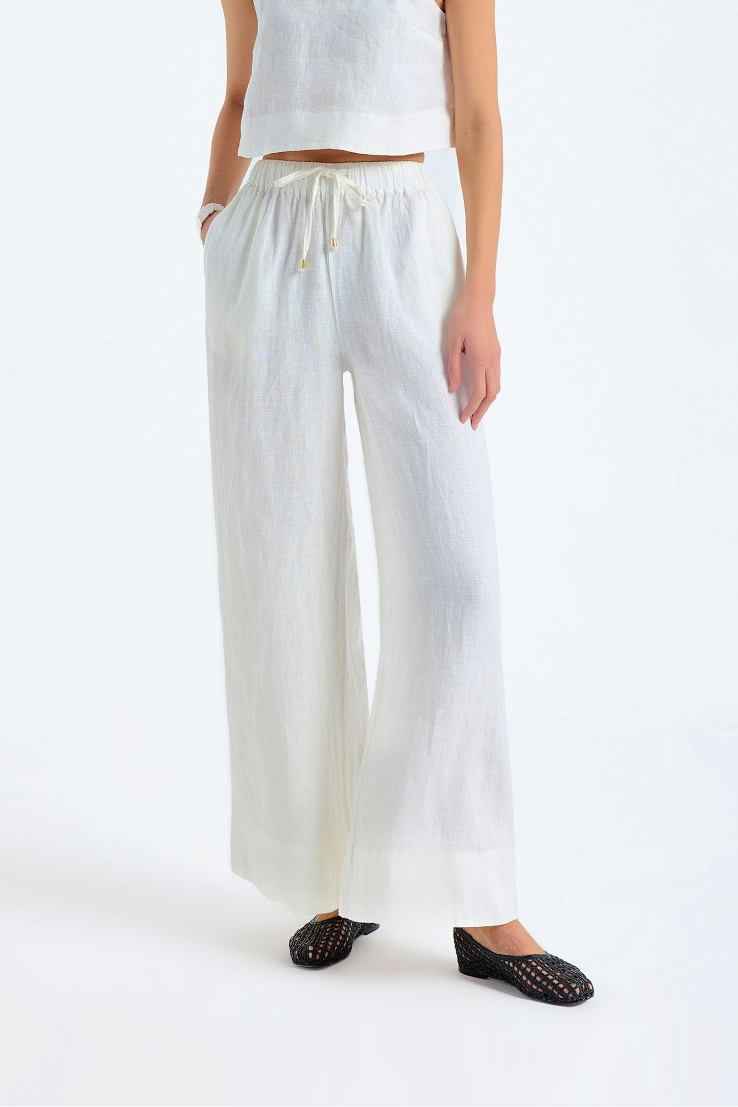 Ciel 100% Linen Wide-Leg Pants - White