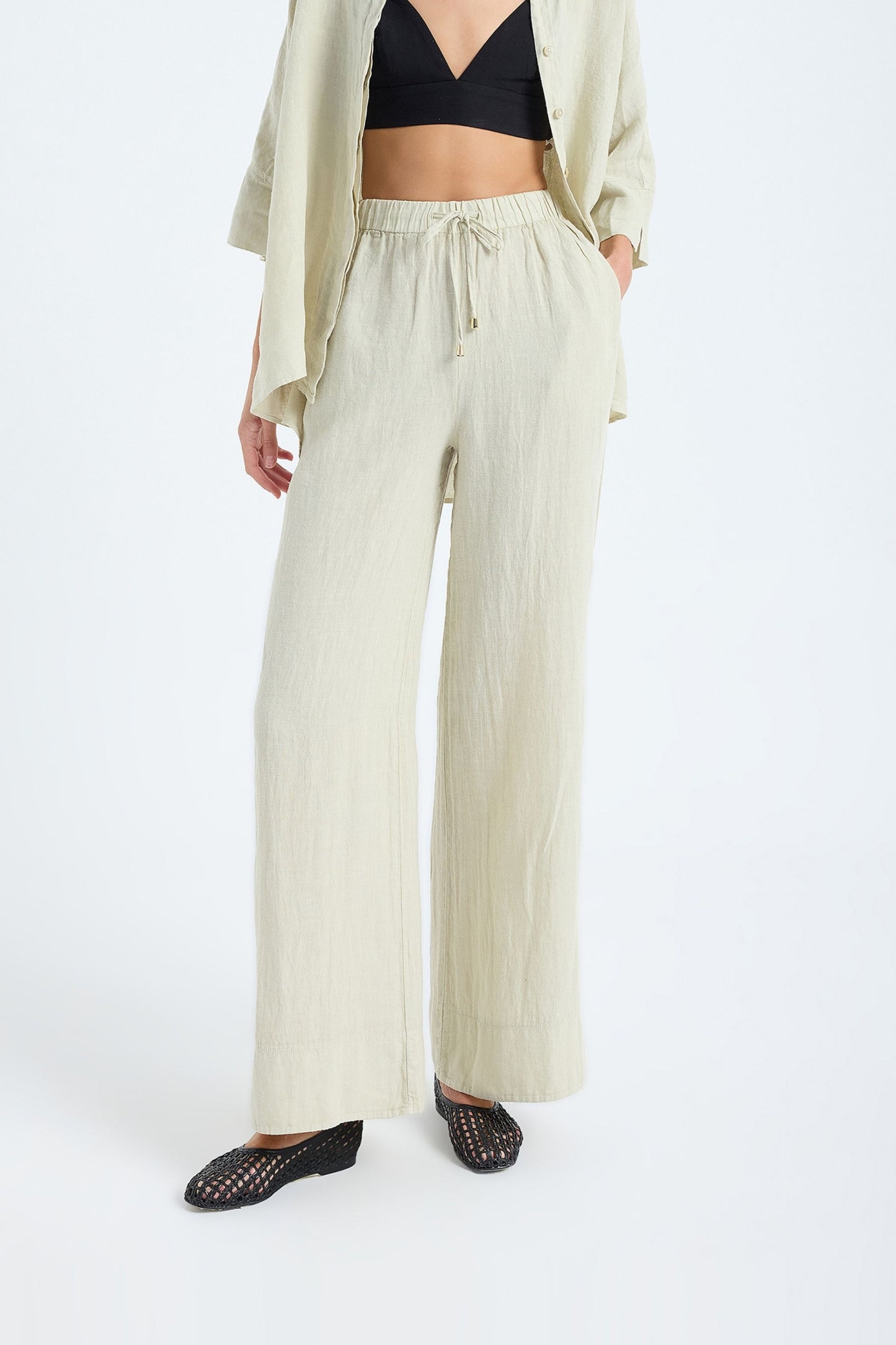 Ciel 100% Linen Wide-Leg Pants - Stone