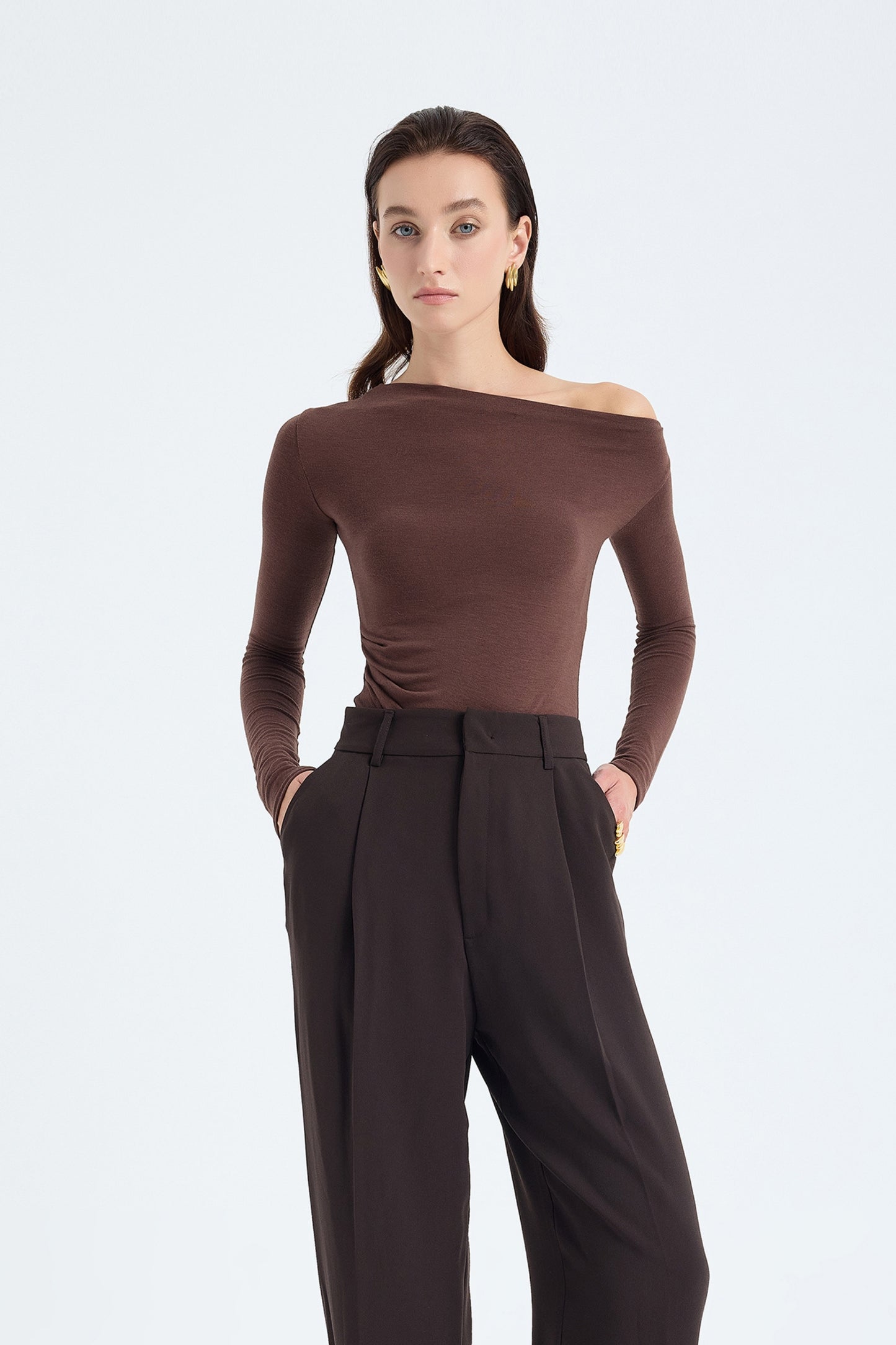 Aura One-Shoulder Draped Top – Brown