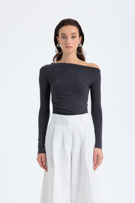 Aura One Shoulder Draped Top - Grey