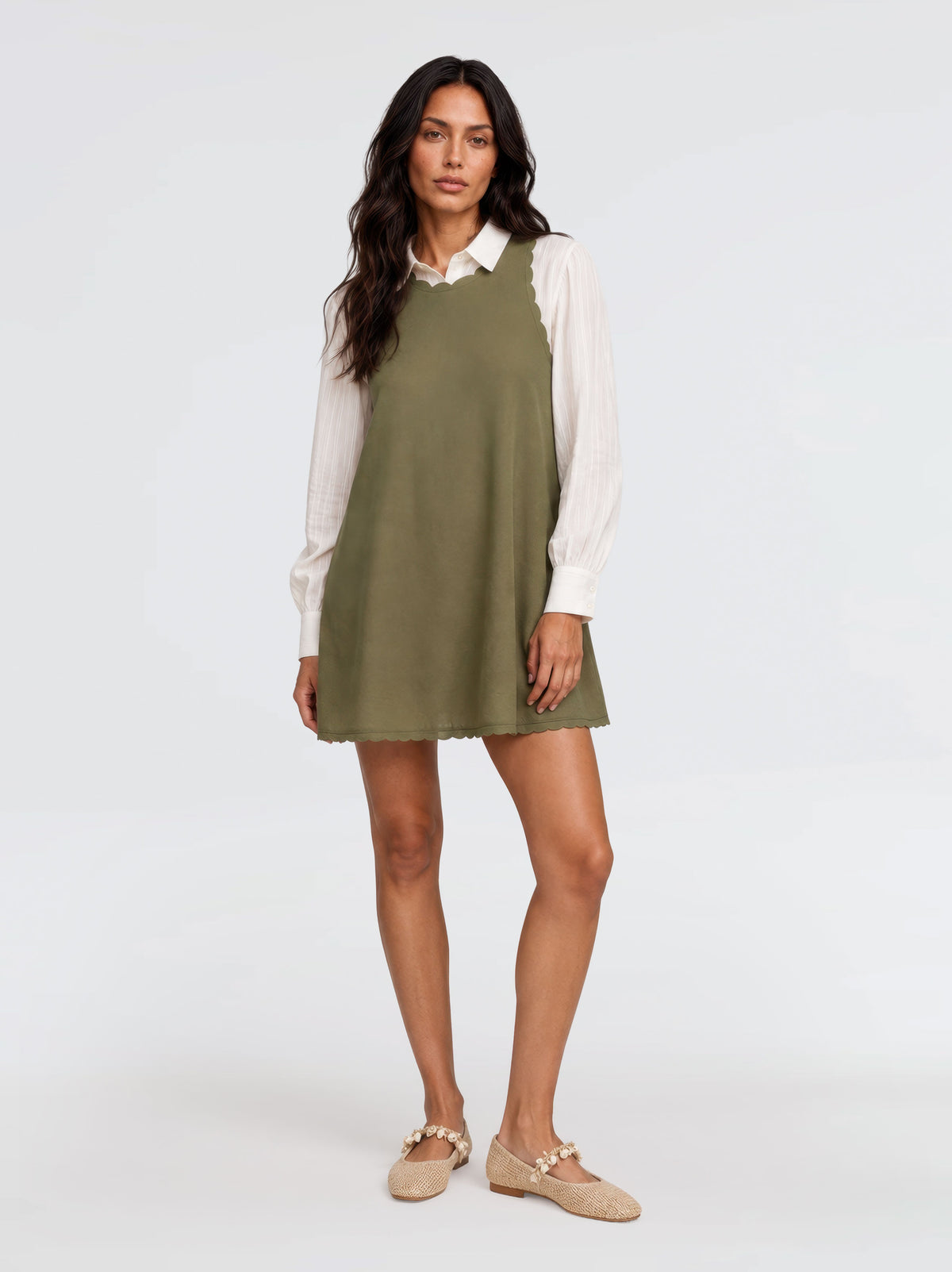 Calia Khaki Green Mini Linen Dress