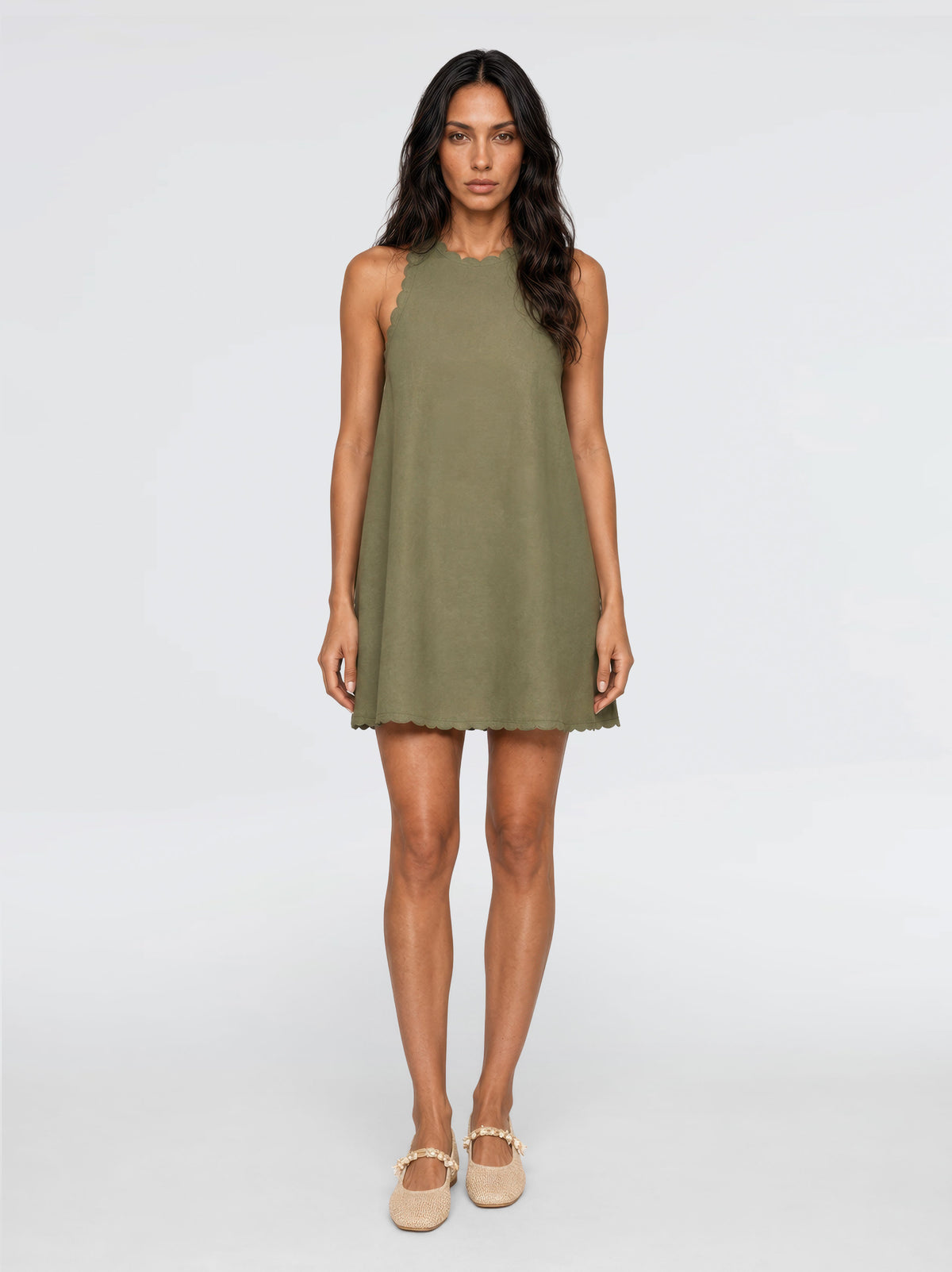 Calia Khaki Green Mini Linen Dress