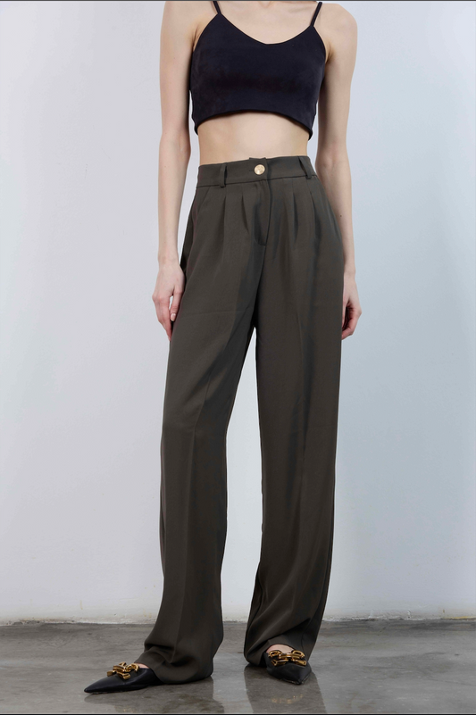 Elara High Waist Pleated Pants – Brown