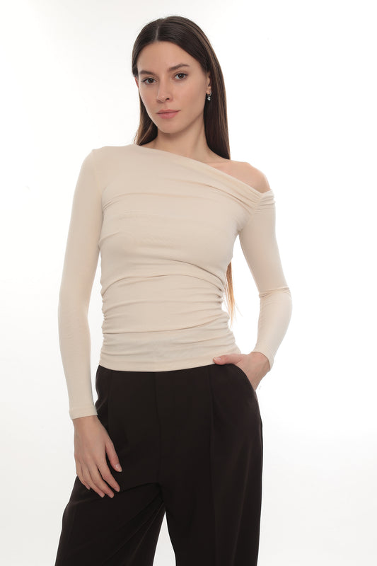 Asymmetric Off-Shoulder Long Sleeve Stretch Lune Top - Ecru