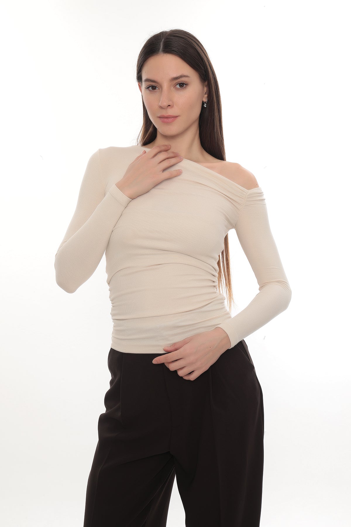 Asymmetric Off-Shoulder Long Sleeve Stretch Lune Top - Ecru
