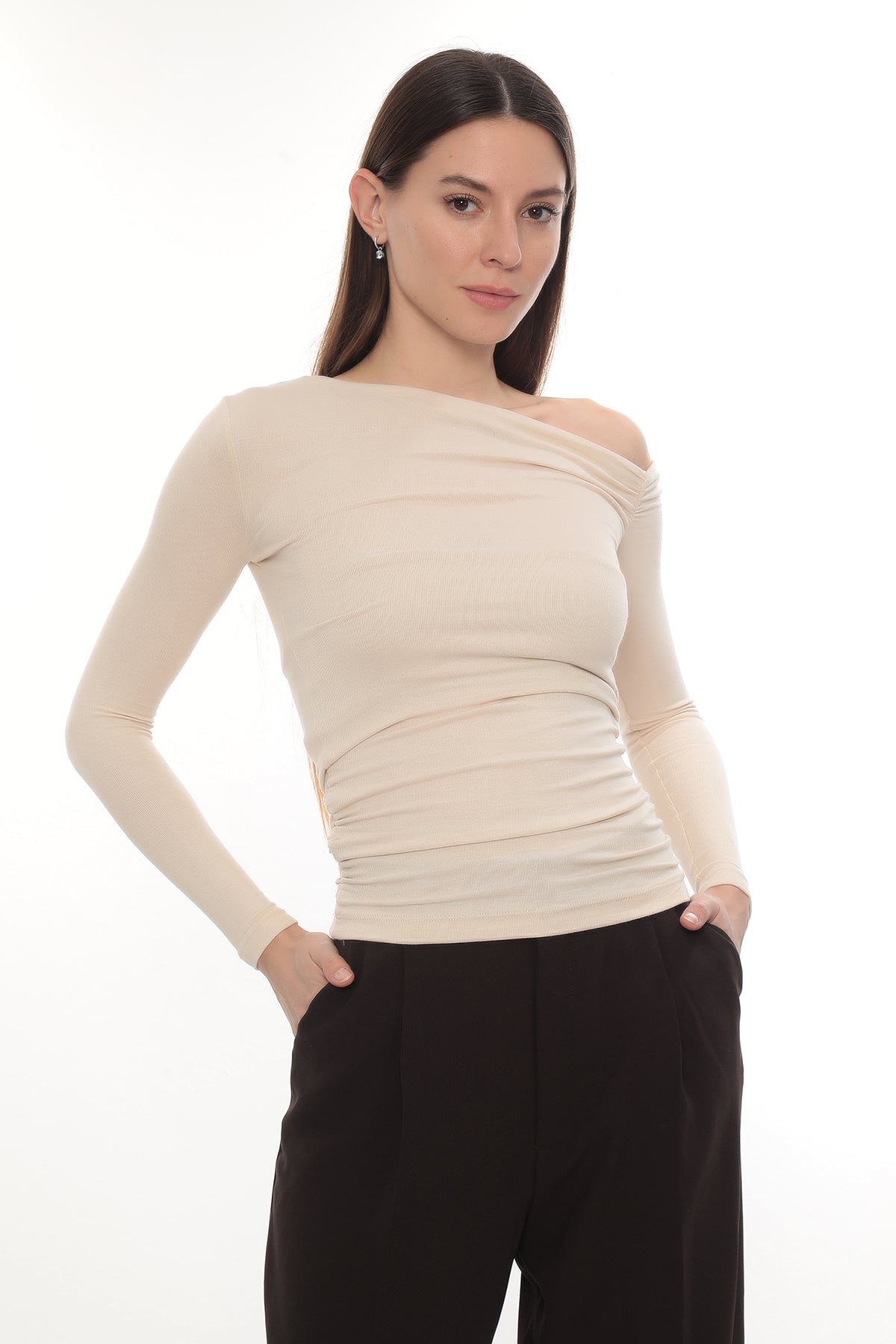 Asymmetric Off-Shoulder Long Sleeve Stretch Lune Top - Ecru