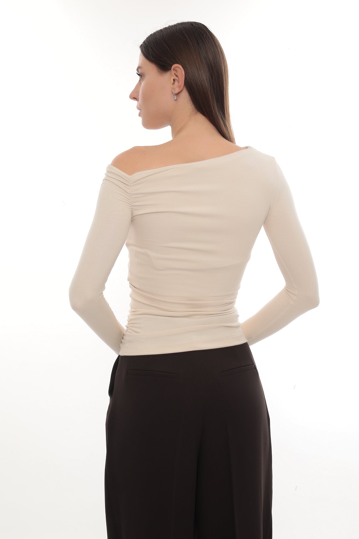 Asymmetric Off-Shoulder Long Sleeve Stretch Lune Top - Ecru