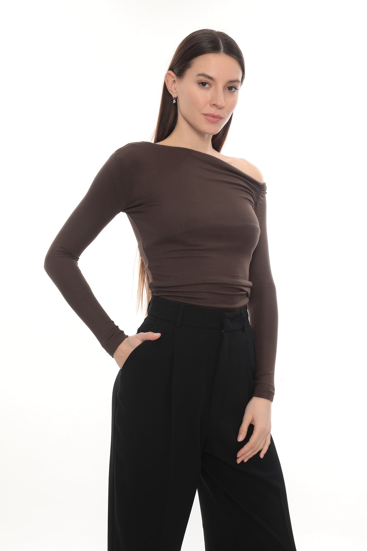 Asymmetric Off-Shoulder Long Sleeve Stretch Lune Top - Brown