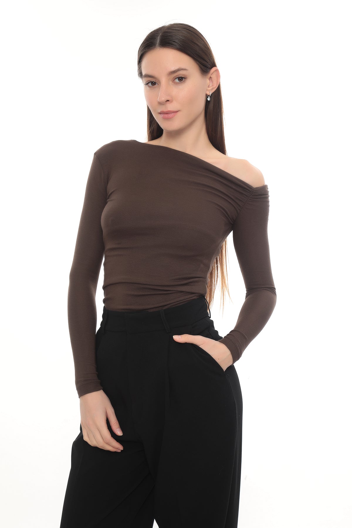 Asymmetric Off-Shoulder Long Sleeve Stretch Lune Top - Brown