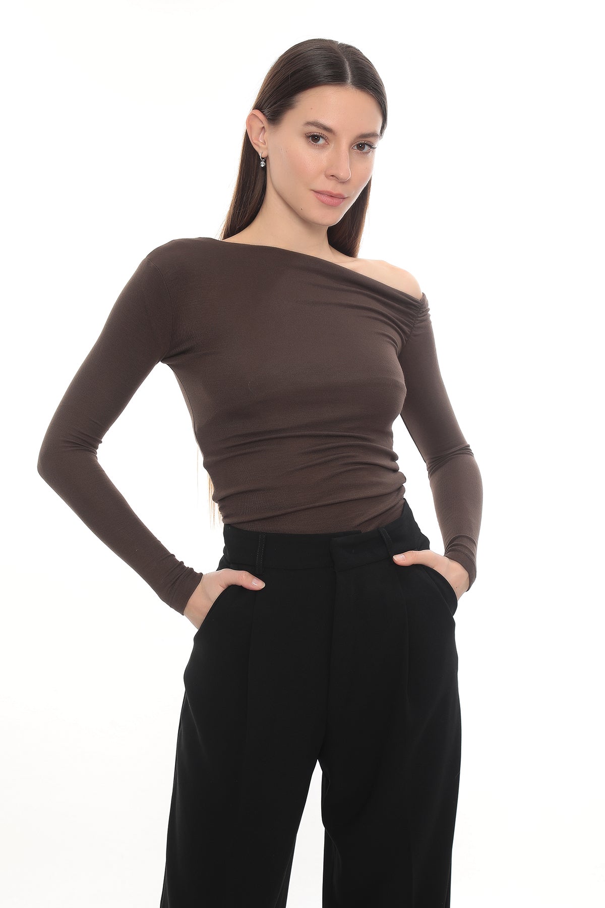 Asymmetric Off-Shoulder Long Sleeve Stretch Lune Top - Brown