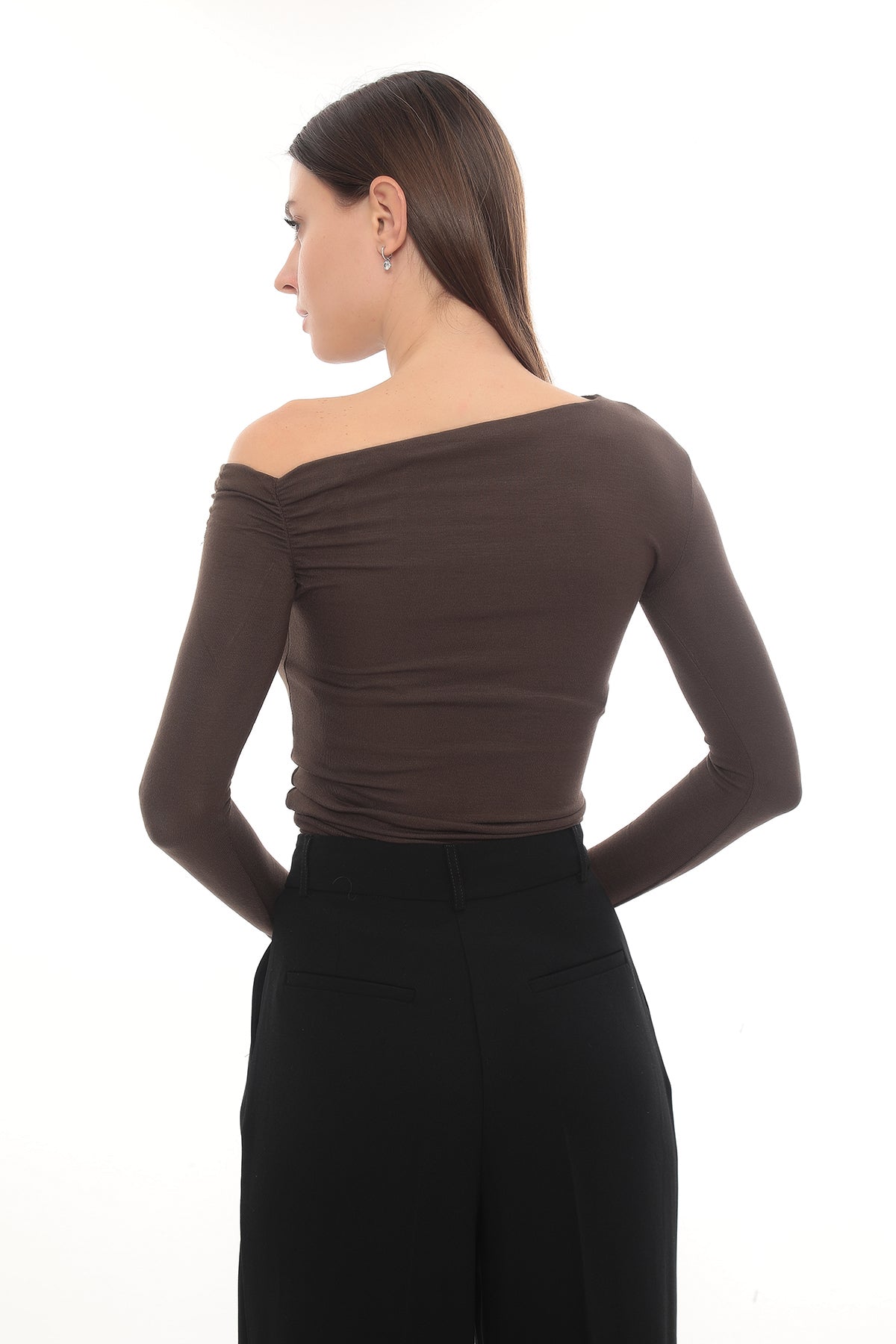 Asymmetric Off-Shoulder Long Sleeve Stretch Lune Top - Brown