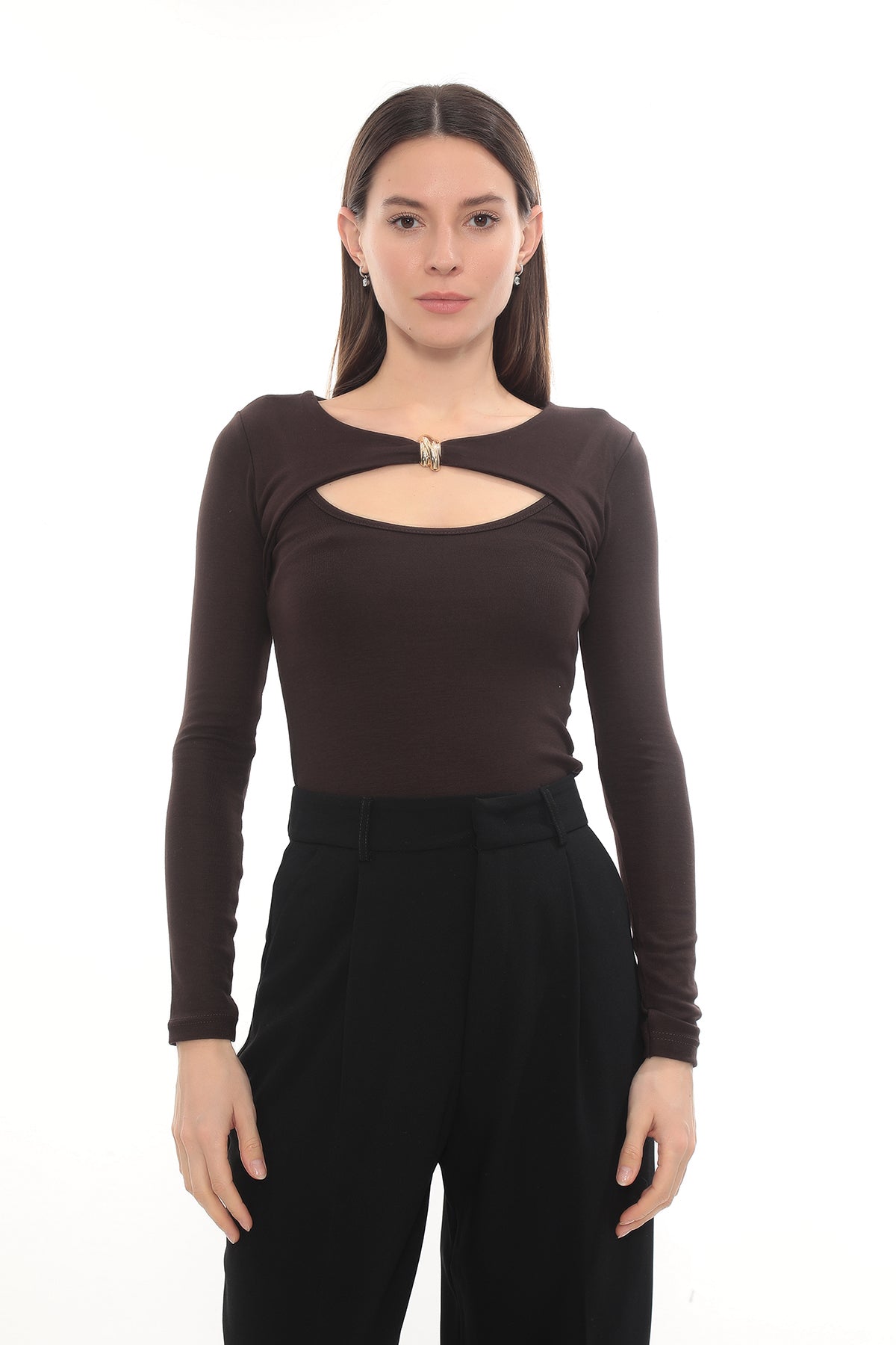 Gold Detail Cutout Long Sleeve Stretch Mila Top - Brown