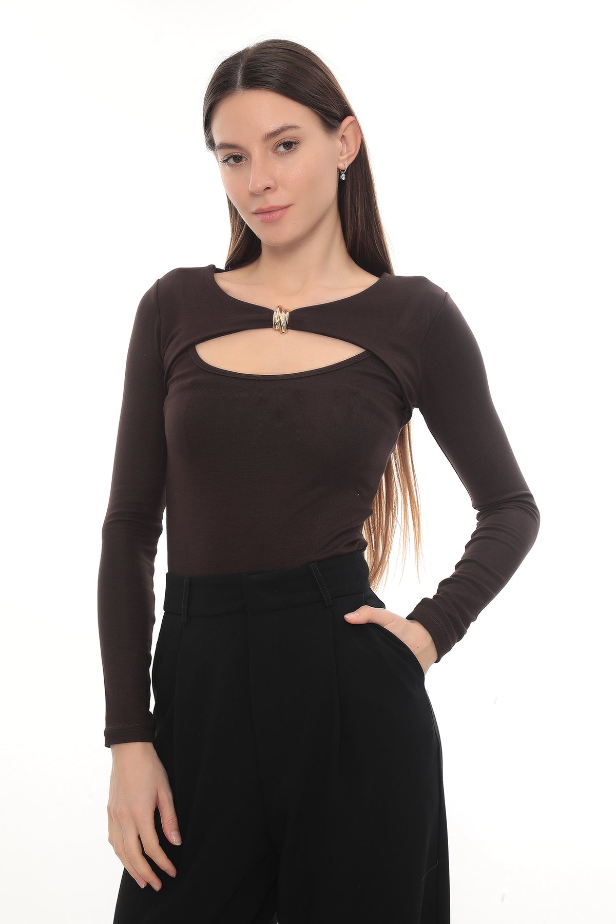 Gold Detail Cutout Long Sleeve Stretch Mila Top - Brown