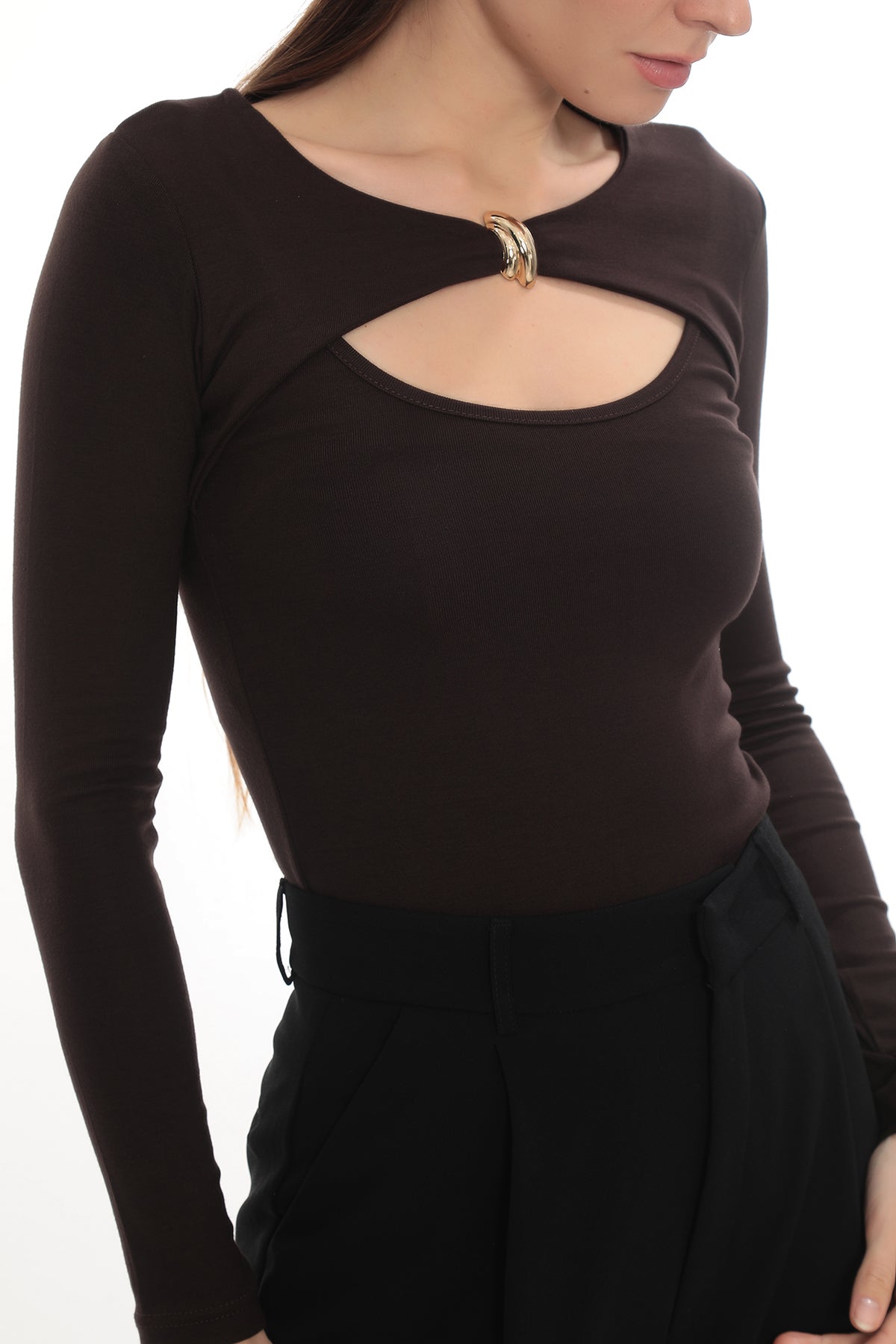 Gold Detail Cutout Long Sleeve Stretch Mila Top - Brown