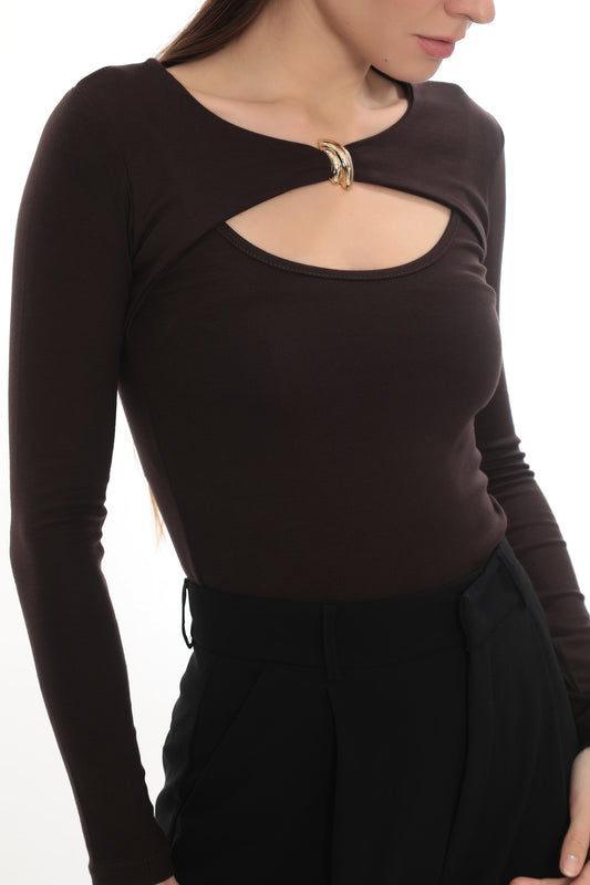 Gold Detail Cutout Long Sleeve Stretch Mila Top - Brown