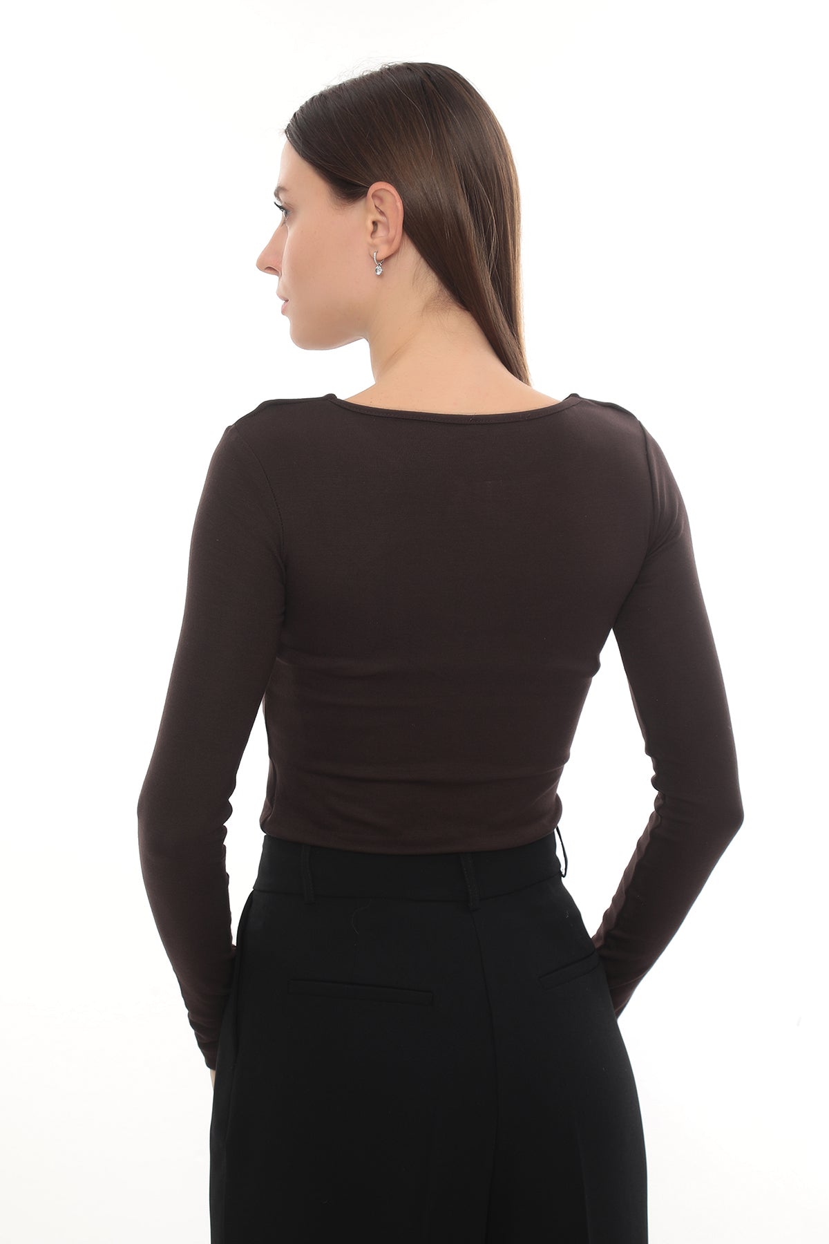 Gold Detail Cutout Long Sleeve Stretch Mila Top - Brown