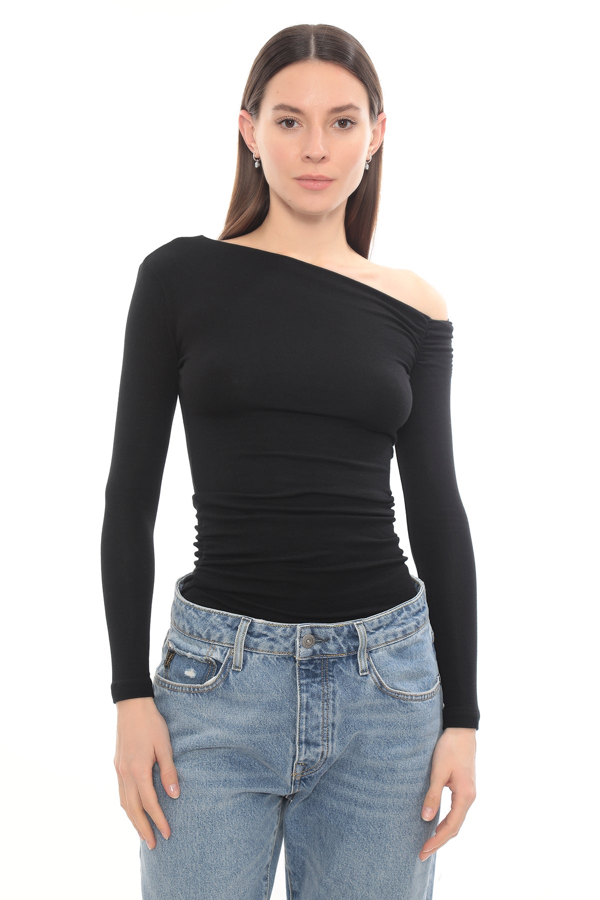 Asymmetric Off-Shoulder Long Sleeve Stretch Lune Top - Black