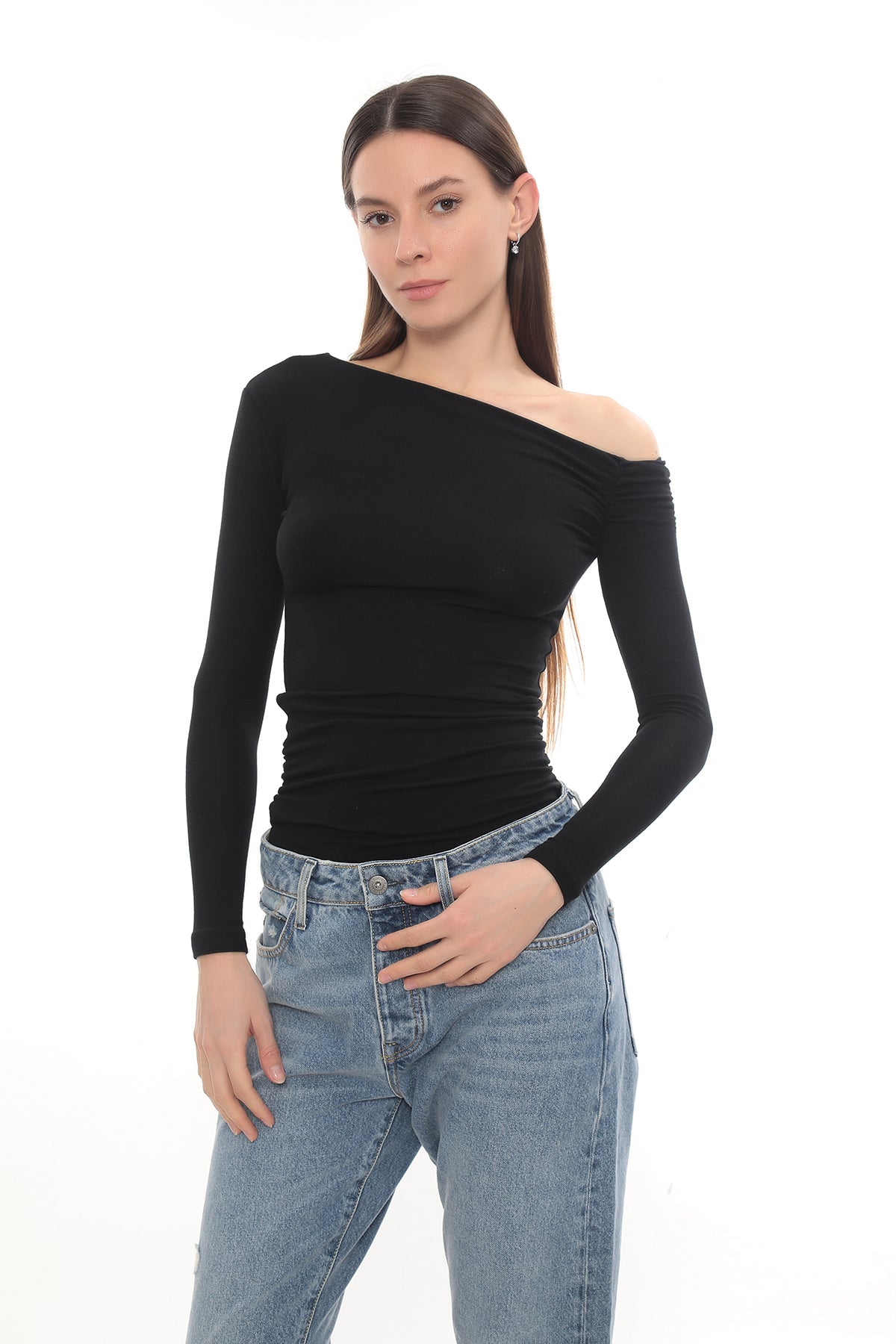 Asymmetric Off-Shoulder Long Sleeve Stretch Lune Top - Black