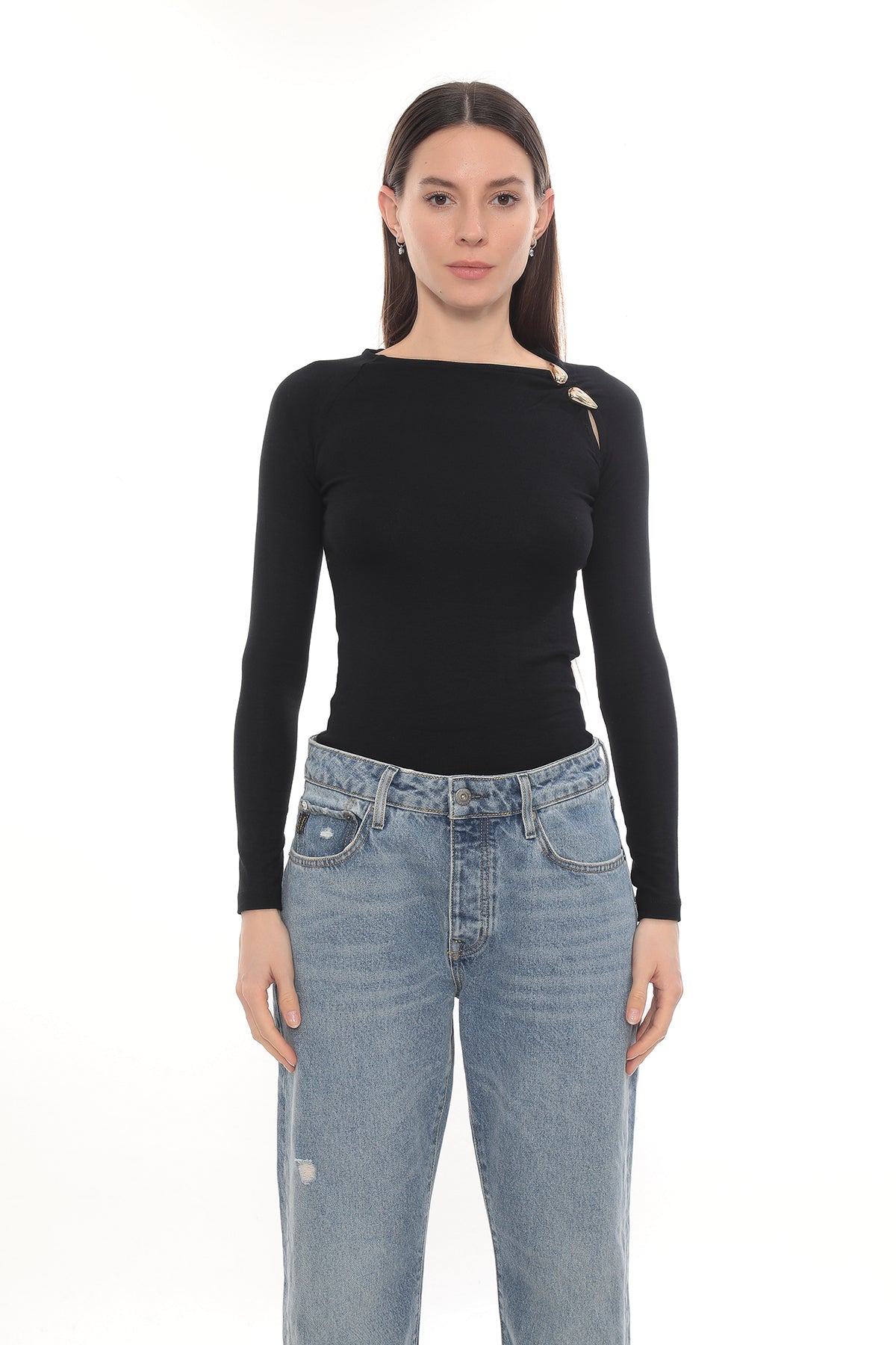 Gold Detail Long Sleeve Stretch Cielo Top - Black