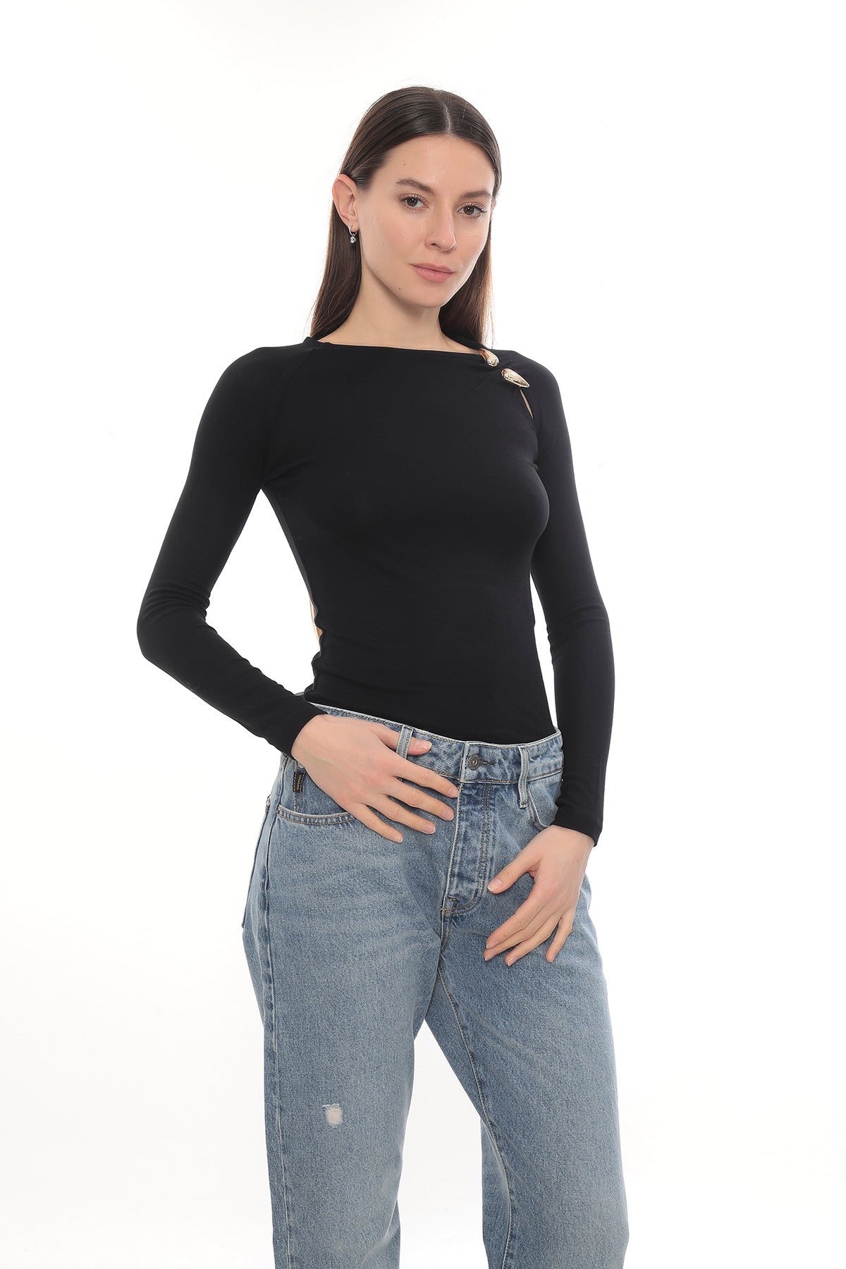 Gold Detail Long Sleeve Stretch Cielo Top - Black