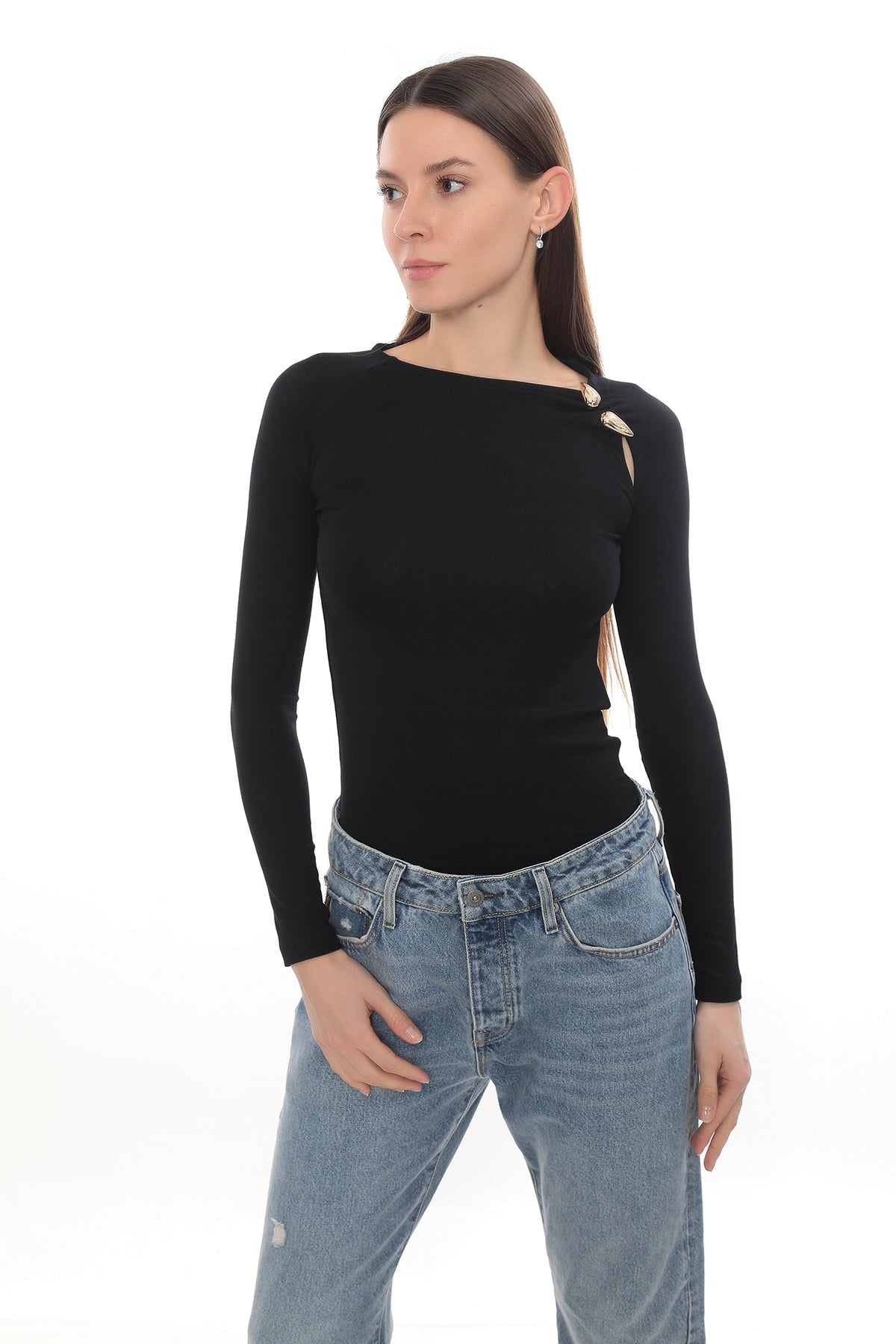 Gold Detail Long Sleeve Stretch Cielo Top - Black