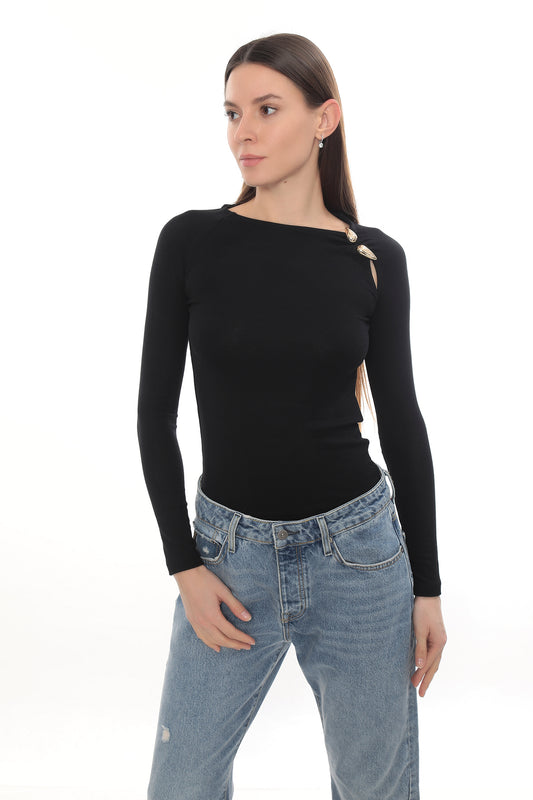 Gold Detail Long Sleeve Stretch Cielo Top - Black