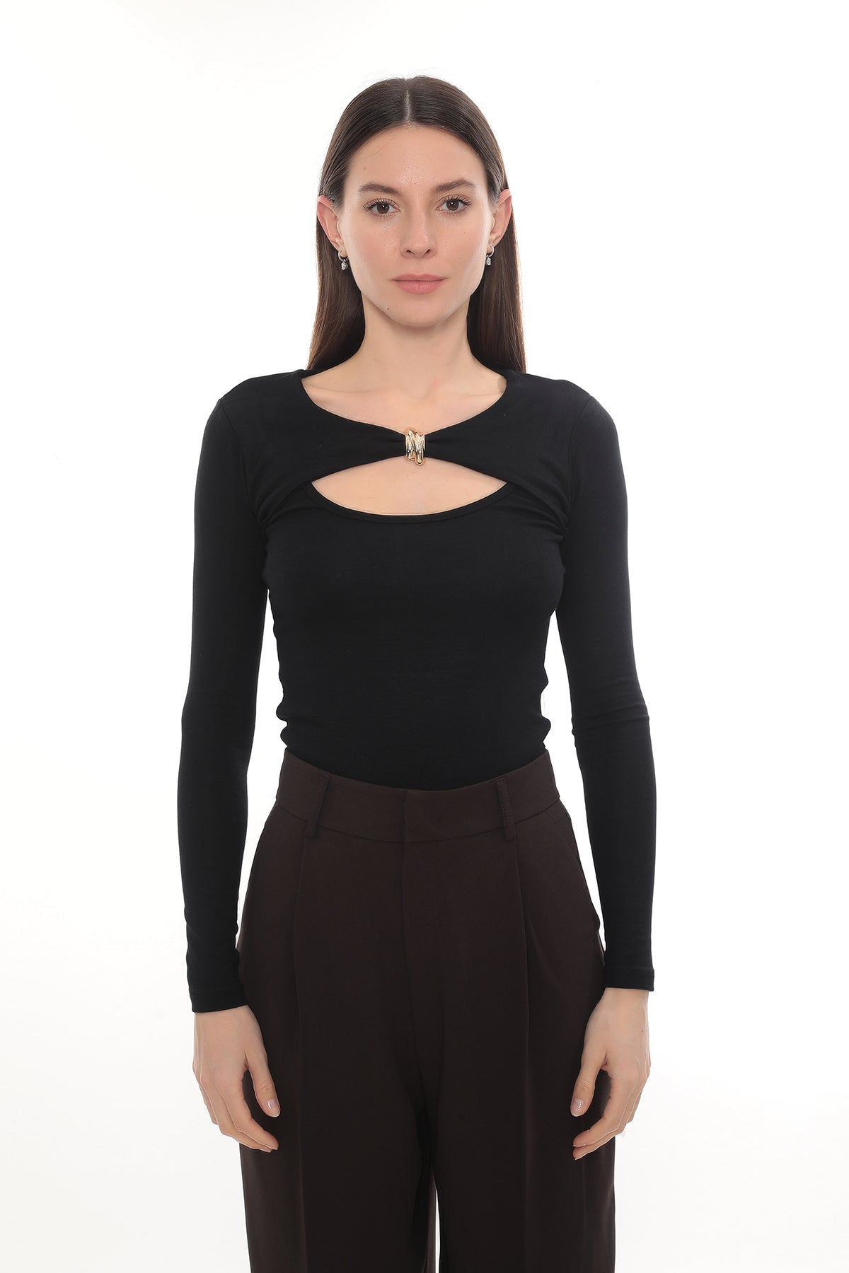 Gold Detail Cutout Long Sleeve Stretch Mila Top -  Black