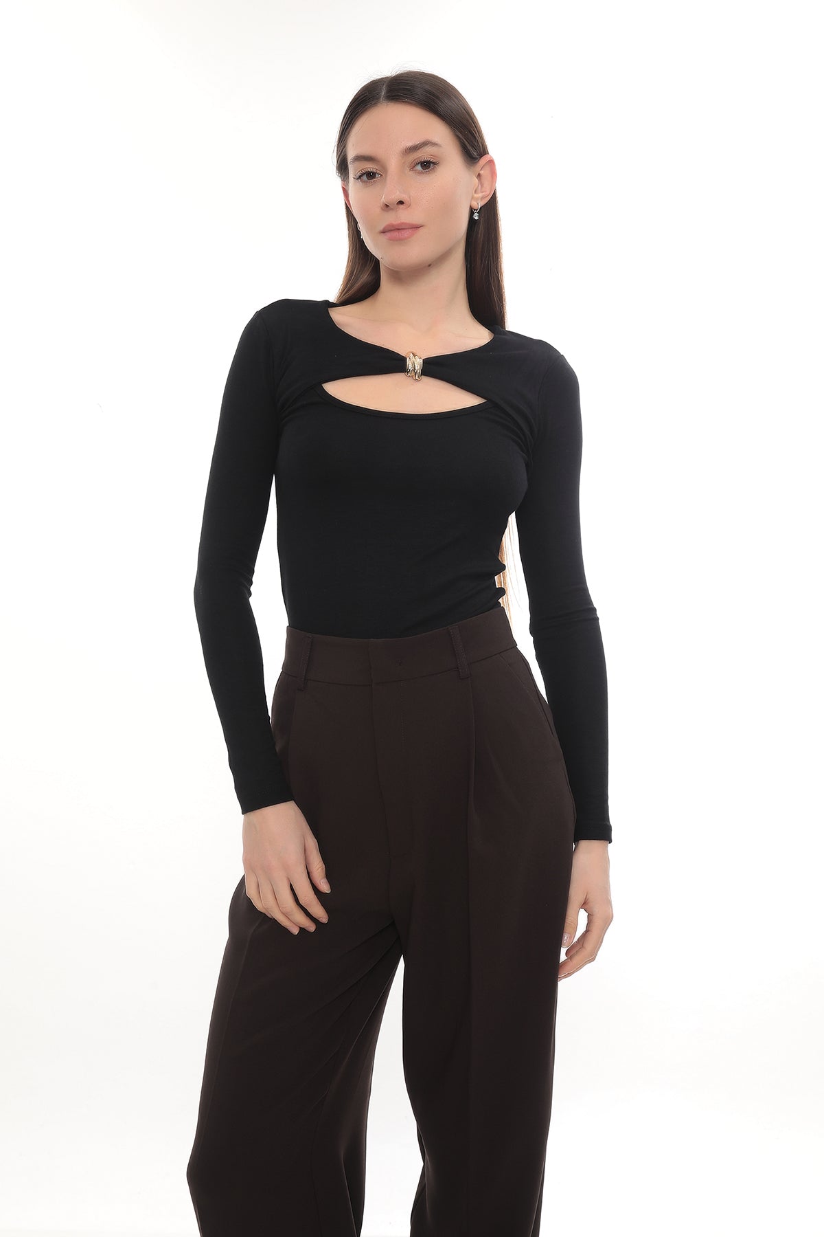 Gold Detail Cutout Long Sleeve Stretch Mila Top -  Black