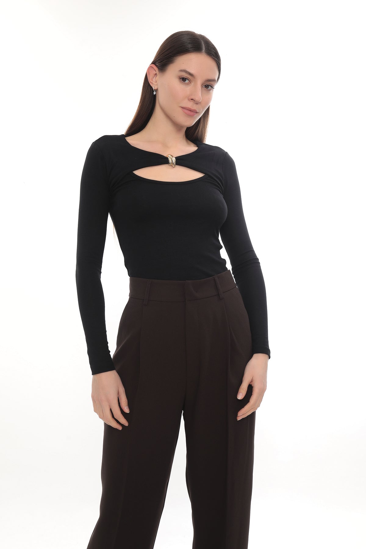 Gold Detail Cutout Long Sleeve Stretch Mila Top -  Black