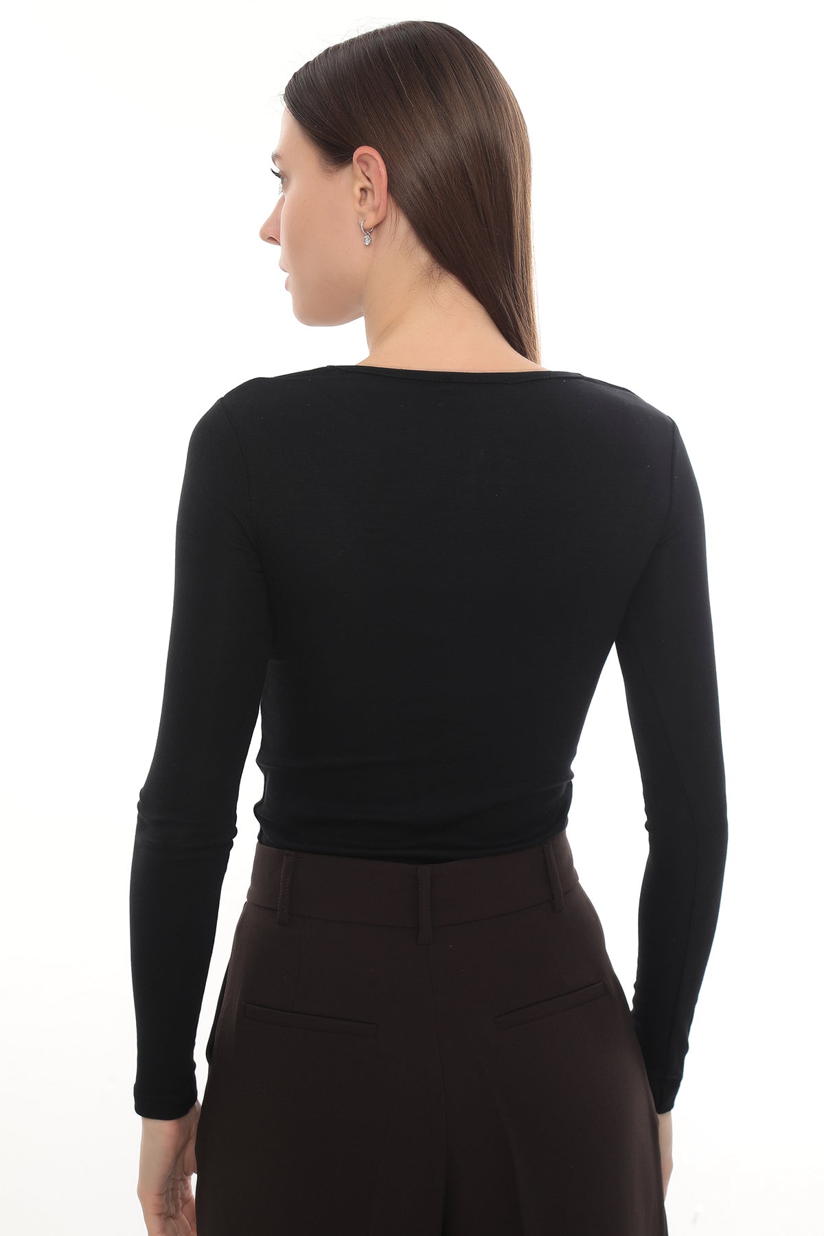 Gold Detail Cutout Long Sleeve Stretch Mila Top -  Black