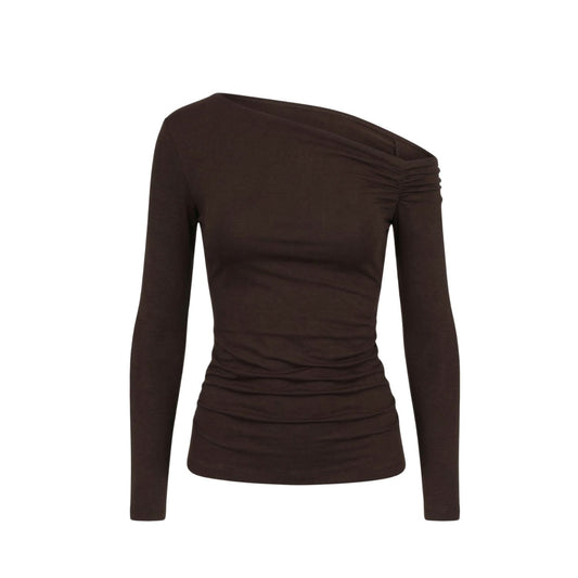 Asymmetric Off-Shoulder Long Sleeve Stretch Lune Top - Brown