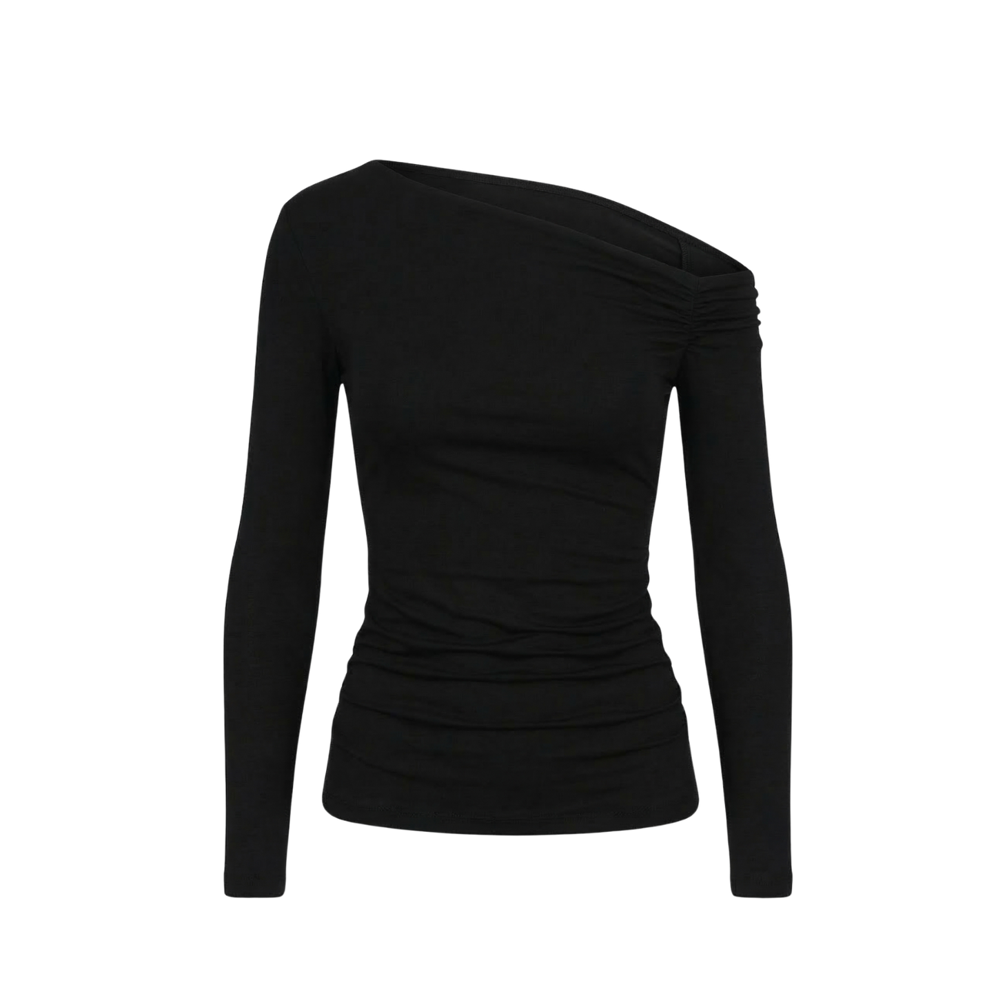 Asymmetric Off-Shoulder Long Sleeve Stretch Lune Top - Black