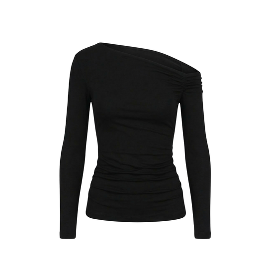 Asymmetric Off-Shoulder Long Sleeve Stretch Lune Top - Black
