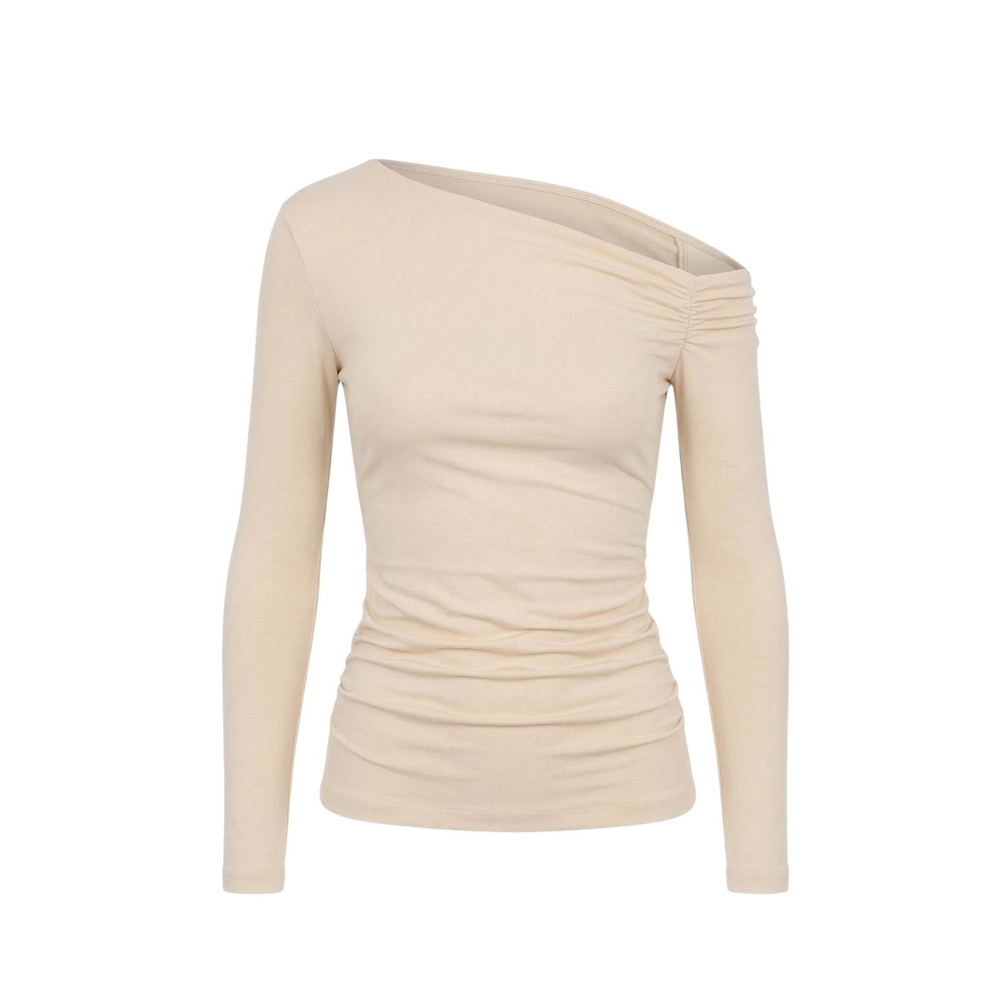 Asymmetric Off-Shoulder Long Sleeve Stretch Lune Top - Ecru