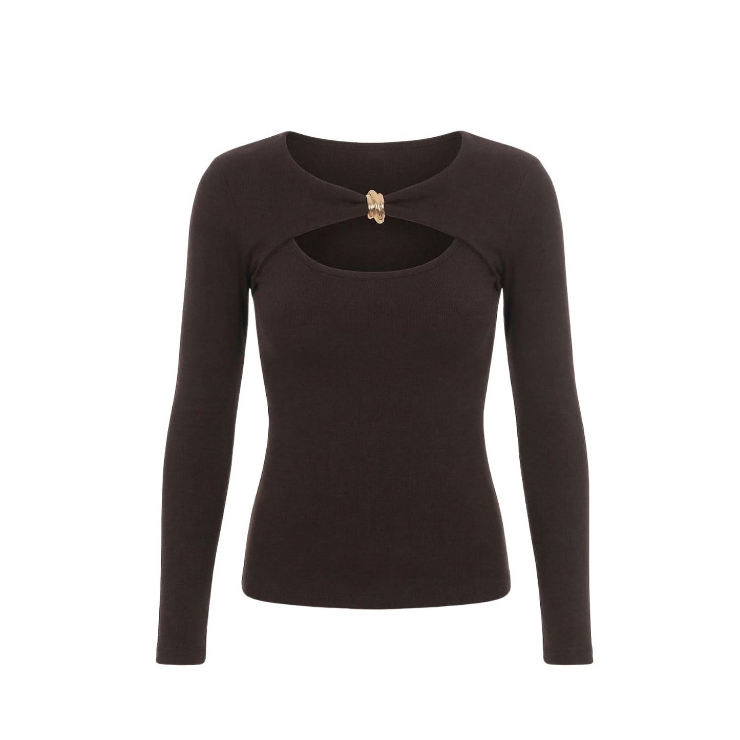 Gold Detail Cutout Long Sleeve Stretch Mila Top - Brown