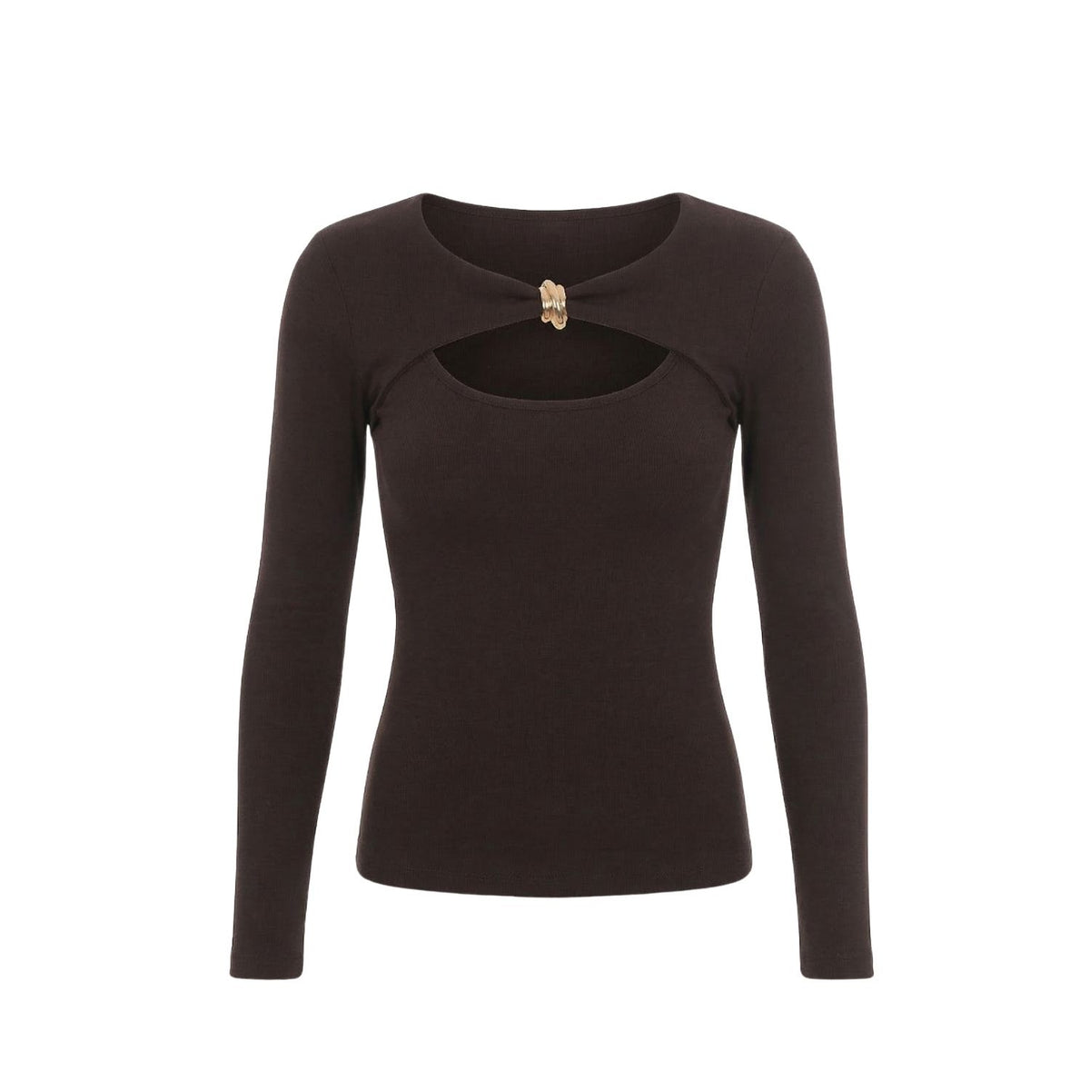 Gold Detail Cutout Long Sleeve Stretch Mila Top - Brown