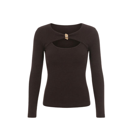 Gold Detail Cutout Long Sleeve Stretch Mila Top - Brown