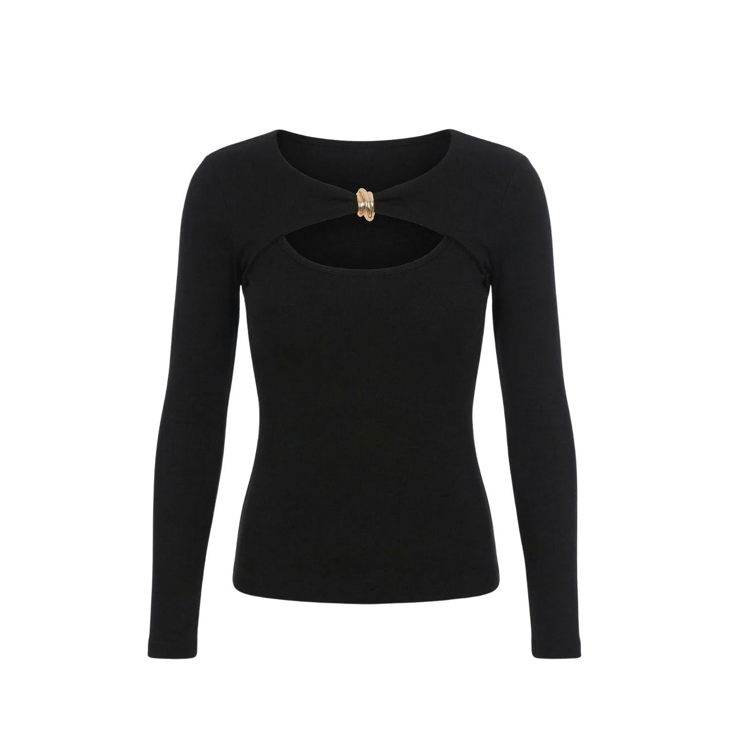 Gold Detail Cutout Long Sleeve Stretch Mila Top -  Black
