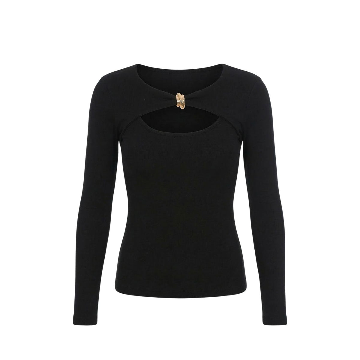 Gold Detail Cutout Long Sleeve Stretch Mila Top -  Black