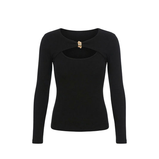 Gold Detail Cutout Long Sleeve Stretch Mila Top -  Black
