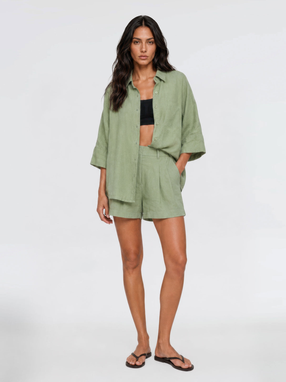 Iyan 100% Linen Oversize Shirt - Green