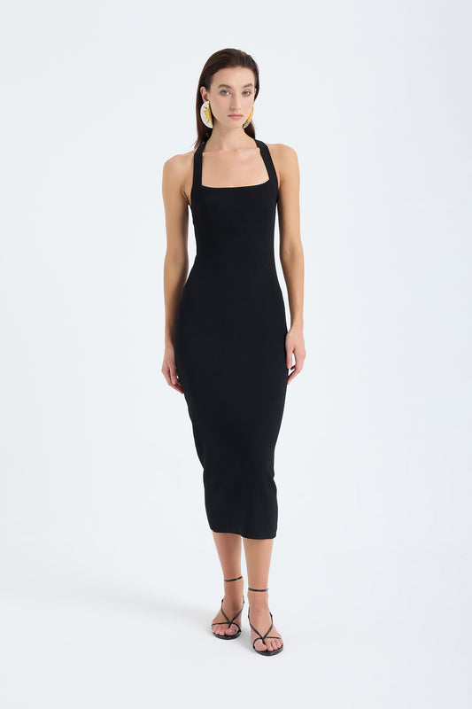Azura Knit Crisscross Back Bodycon Midi Dress - Black